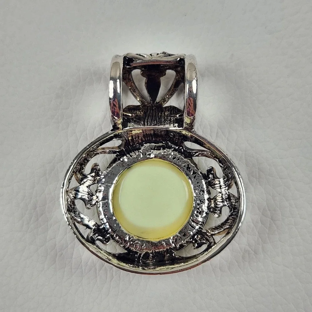 Vintage Jewelry Set Pendant and Earrings Lime Green Silver Tone Scrollwork